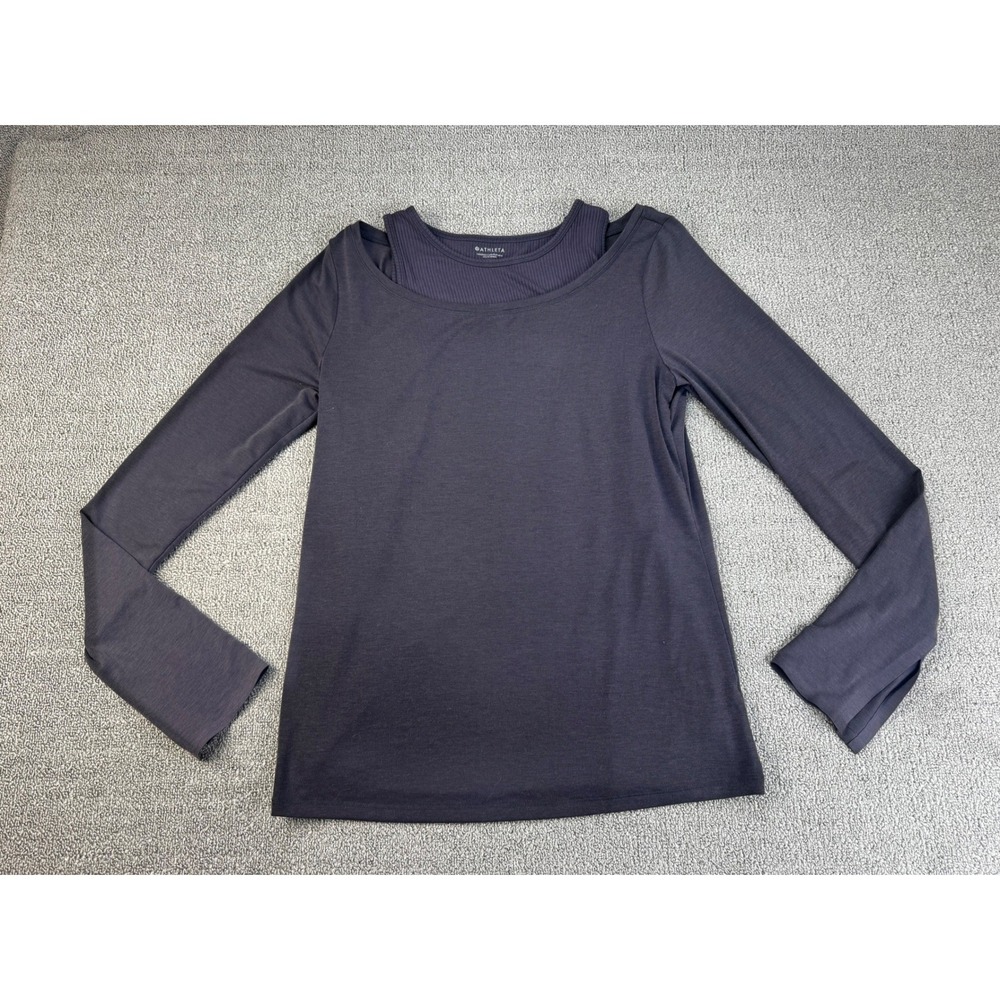 Athleta Layered Long Sleeve Top Womens Medium Charcoal Gray Ribbed Inset Active